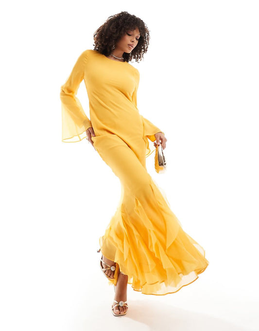 ASOS DESIGN long sleeve bias chiffon maxi dress with ruffles in orange