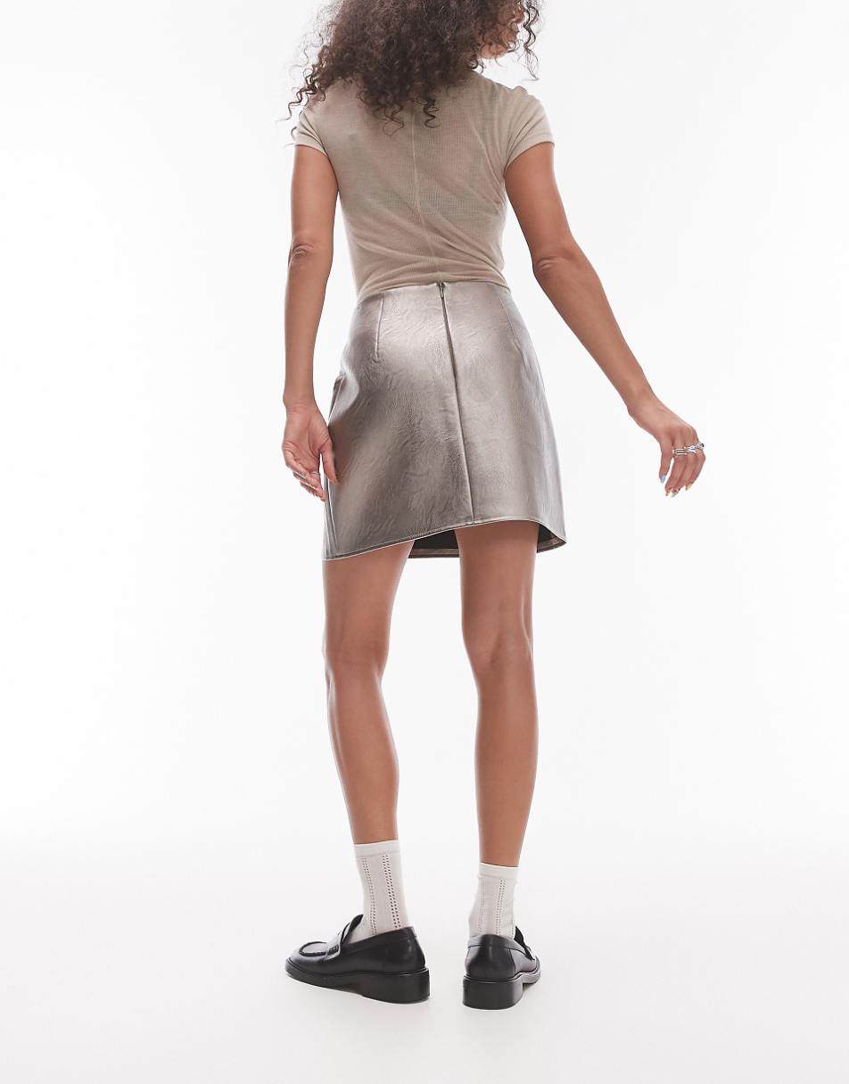 Topshop faux leather paneled seam pelmet skirt in metallic gunmetal