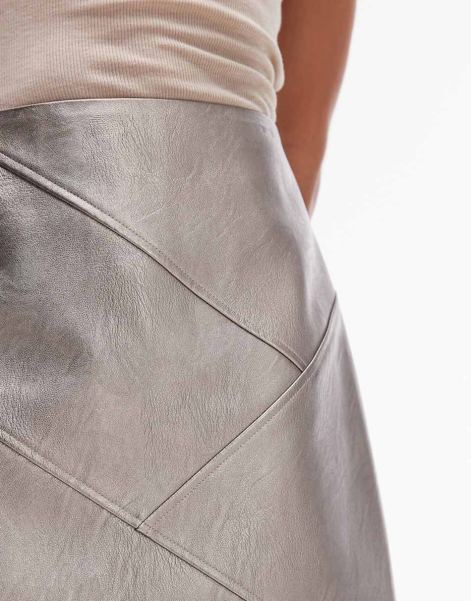 Topshop faux leather paneled seam pelmet skirt in metallic gunmetal