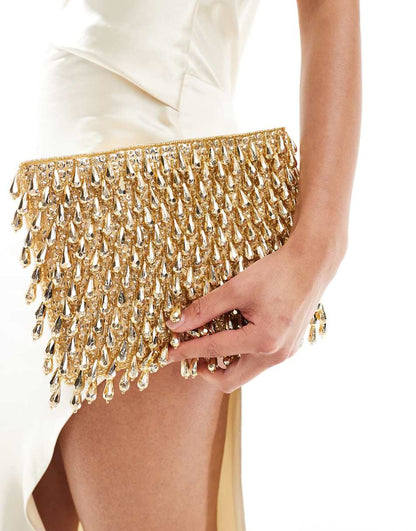 ASOS DESIGN all over beaded zip top clutch bag in gold