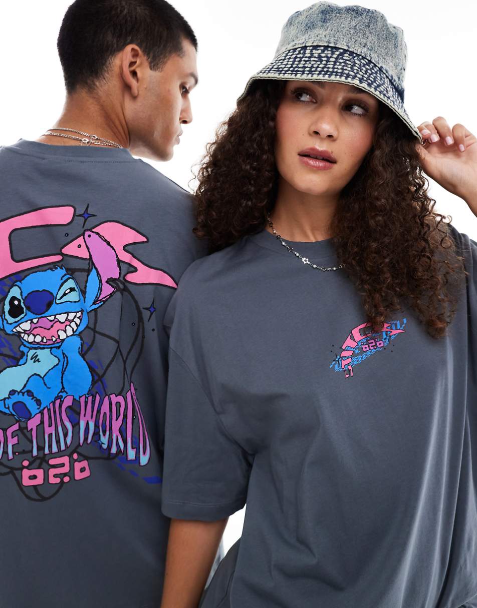 ASOS DESIGN Disney oversized unisex licensed tee in gray with Stitch prints