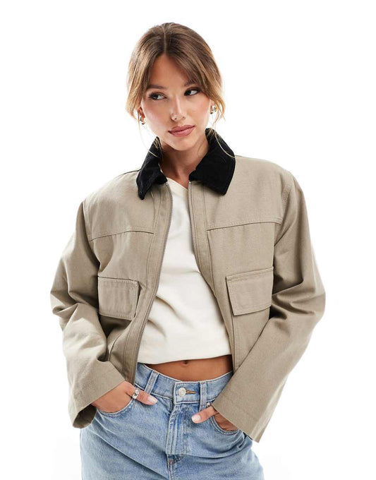 ASOS DESIGN cropped pocket canvas jacket in stone