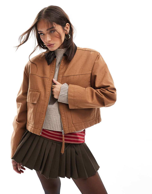 ASOS DESIGN cropped pocket canvas jacket in toffee