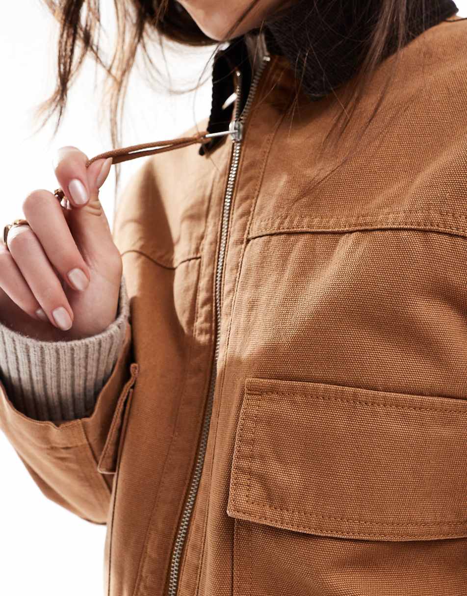 ASOS DESIGN cropped pocket canvas jacket in toffee