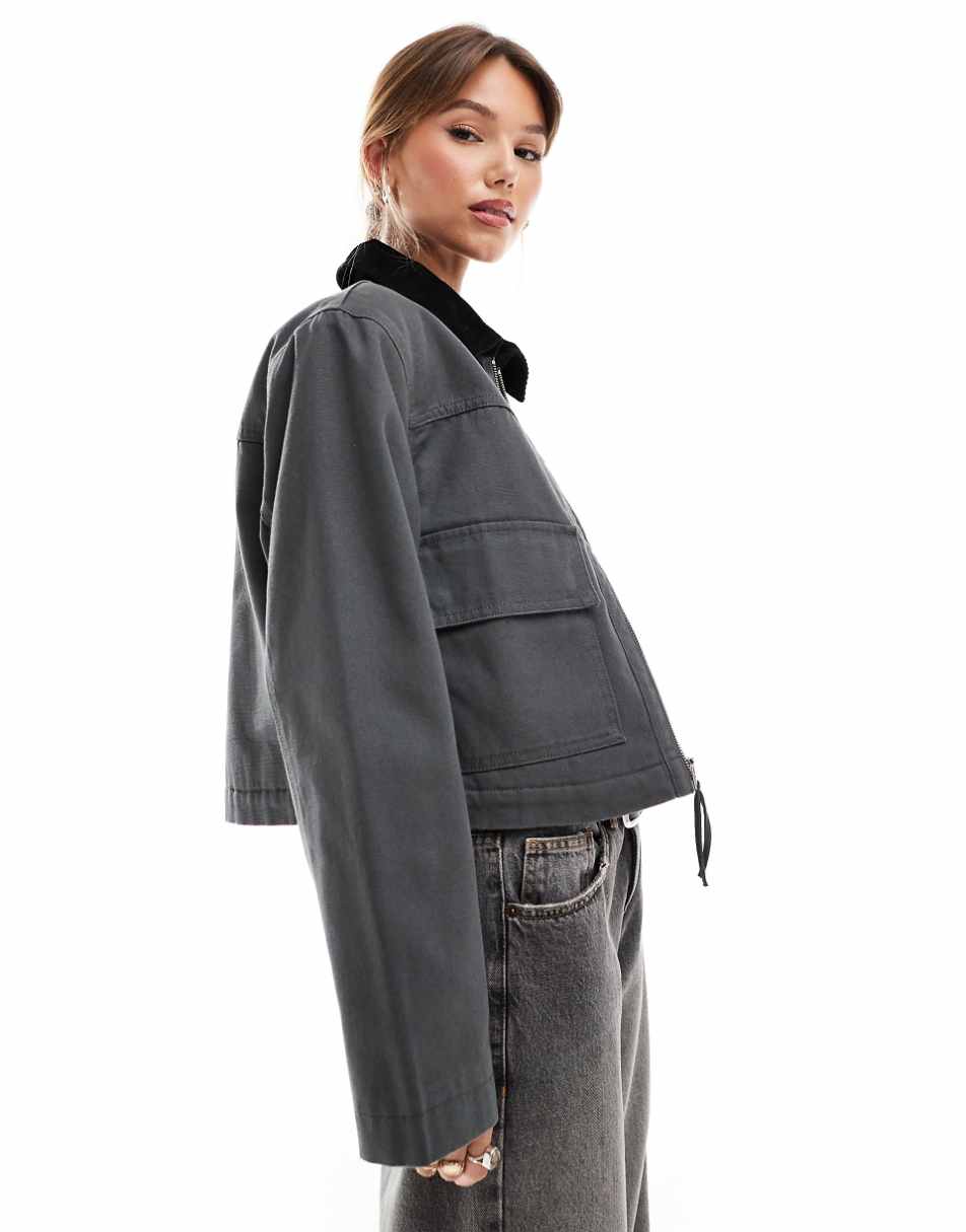 ASOS DESIGN cropped pocket canvas jacket in gray