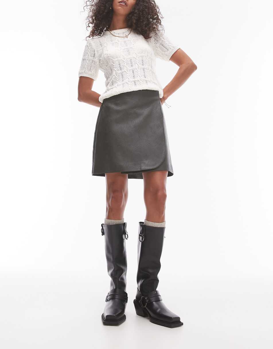 Topshop faux leather wrap mini skirt in dark khaki