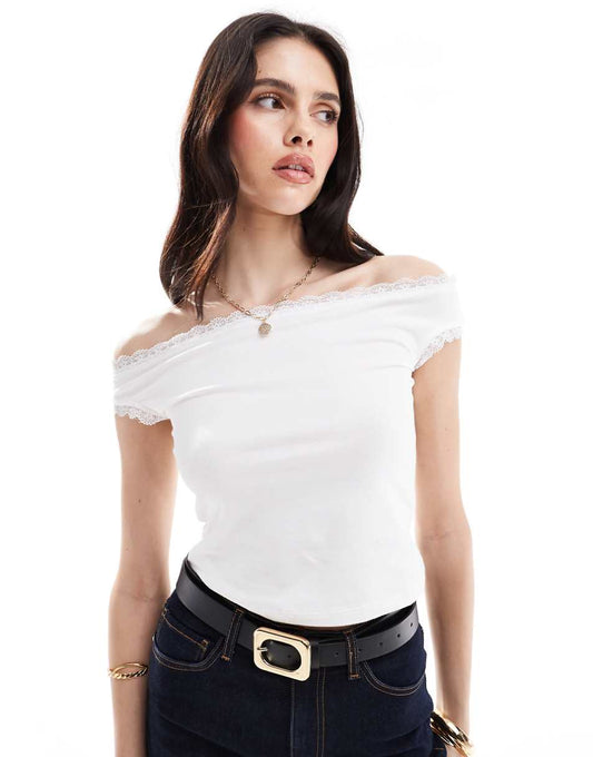 ASOS DESIGN off the shoulder lace trim top in white