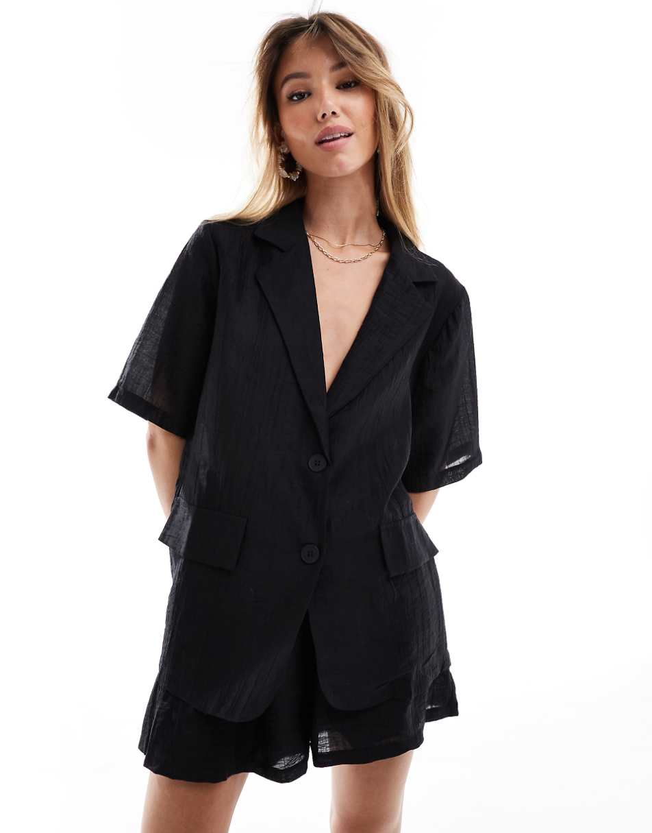 Sixth June linen look short sleeve blazer in black - part of a set