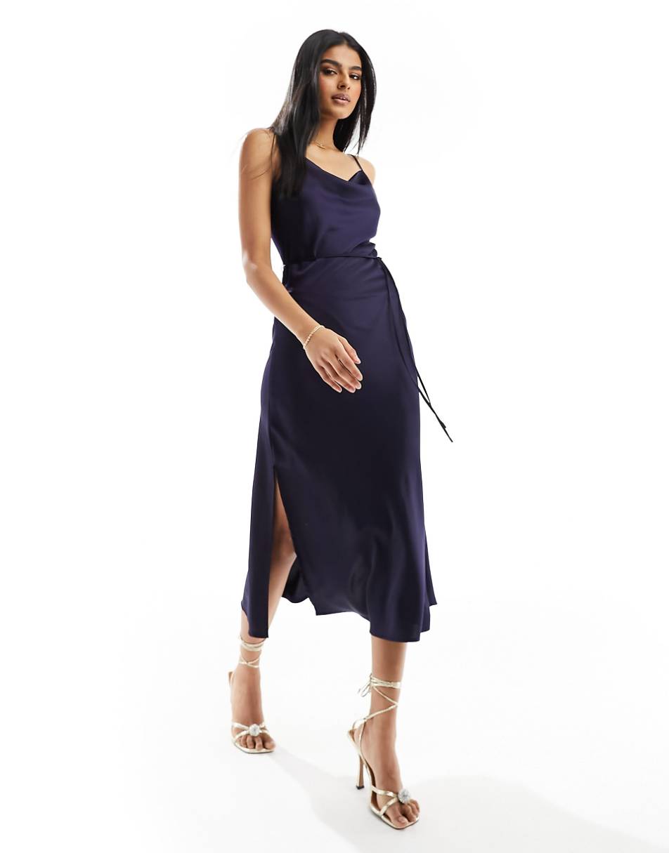 YAS Bridesmaid satin cami maxi dress in deep rich navy