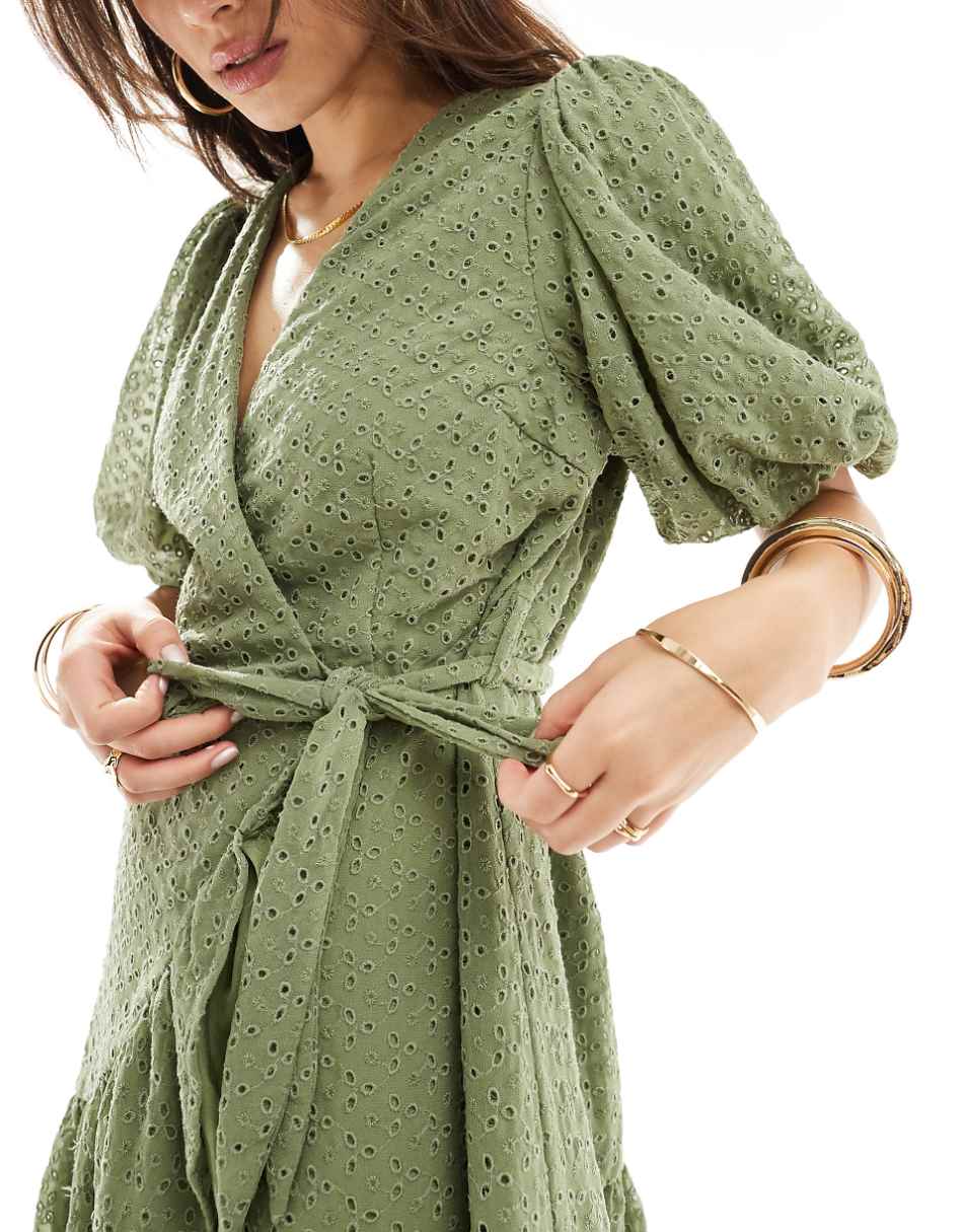 YAS broderie wrap mini dress in green