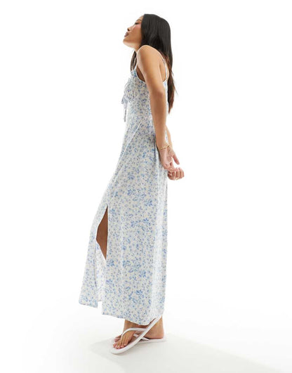 Miss Selfridge Petite corset detail strappy maxi slip dress in blue floral