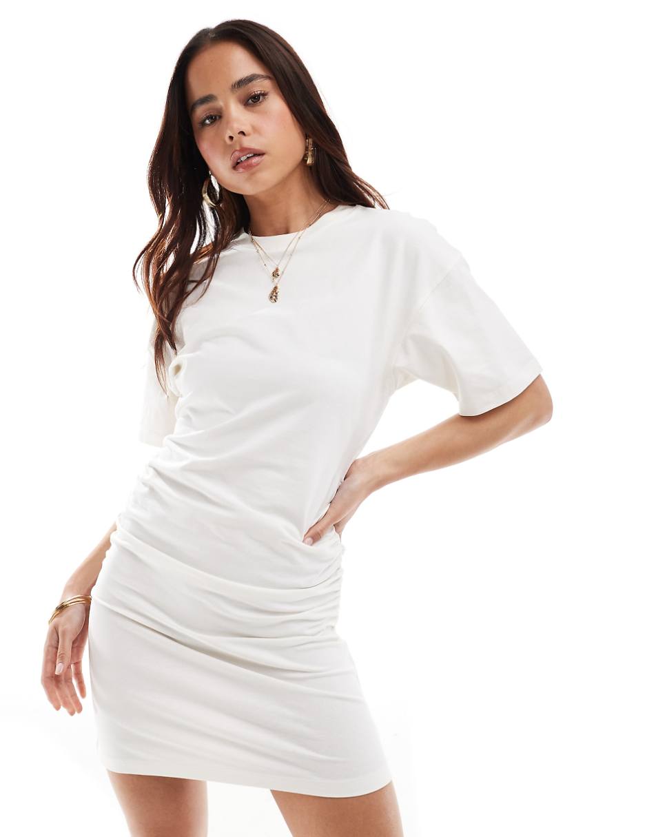 ASOS DESIGN crew neck mini t-shirt dress with ruched sides in ivory