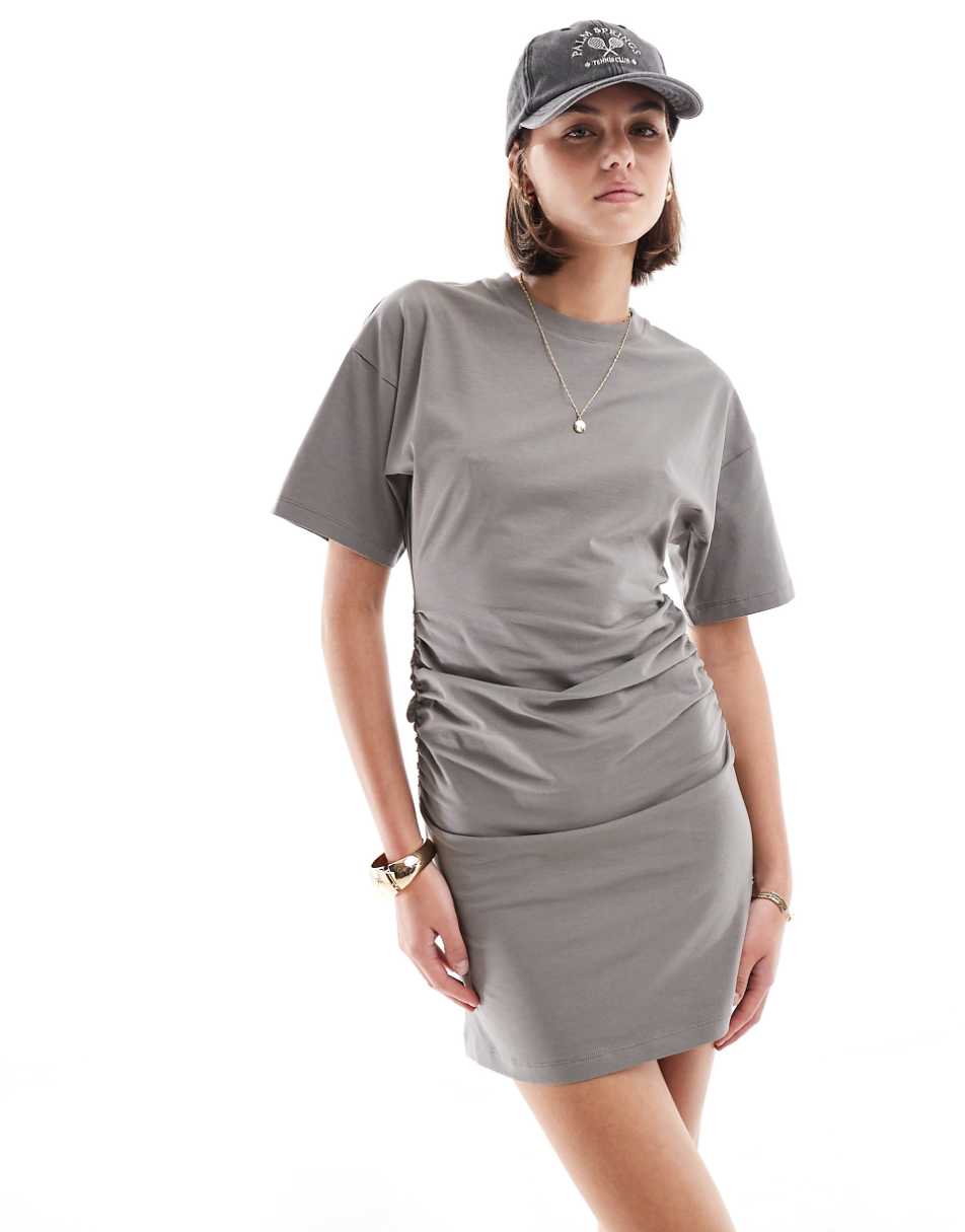 ASOS DESIGN crew neck mini t-shirt dress with ruched sides in silver gray