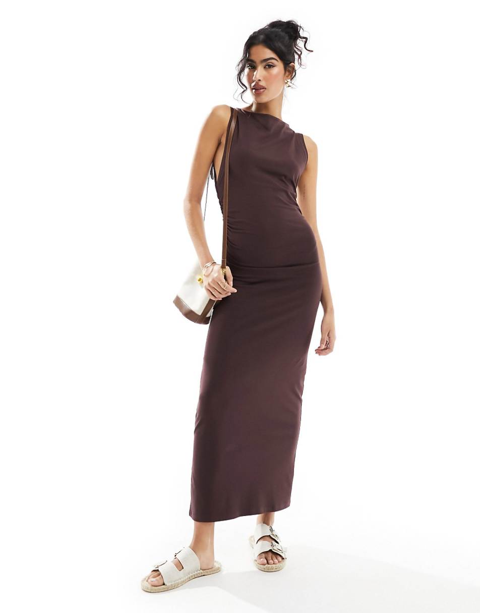 ASOS DESIGN boat neck midaxi dress with ruched sides in chocolate