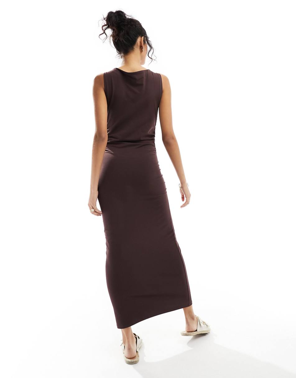 ASOS DESIGN boat neck midaxi dress with ruched sides in chocolate