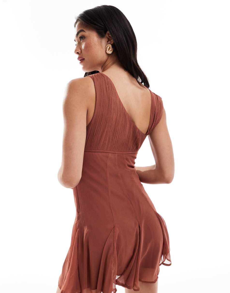 ASOS DESIGN chiffon asymmetric mini dress with godet in chocolate