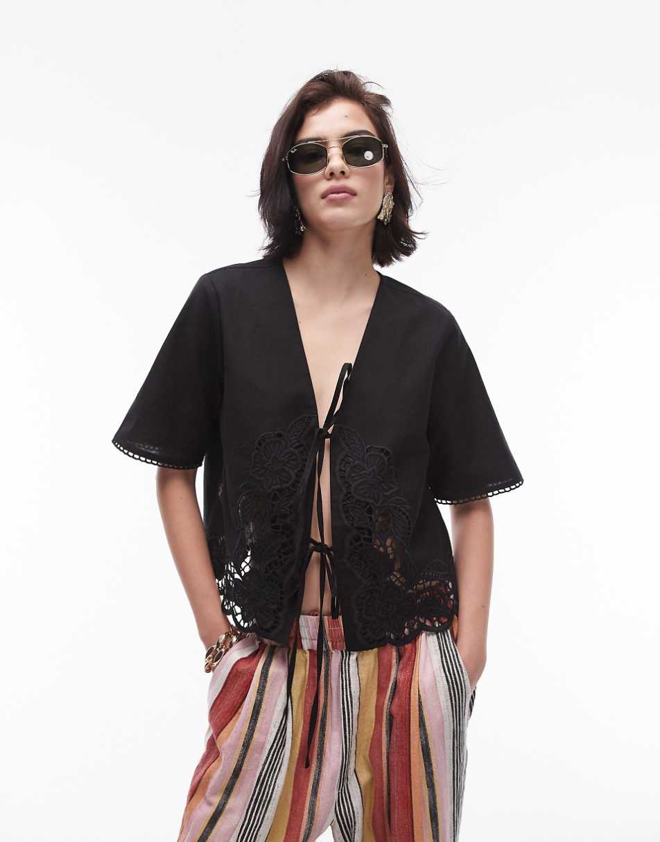 Topshop femme cutwork bed jacket in black - part of a set