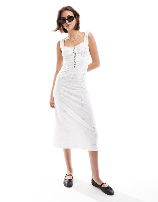 ASOS DESIGN cami strap eyelet midi dress with corset bodice in white