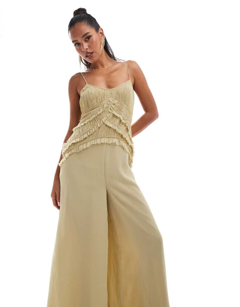 ASOS DESIGN corset detail raw edge wide leg jumpsuit in olive green