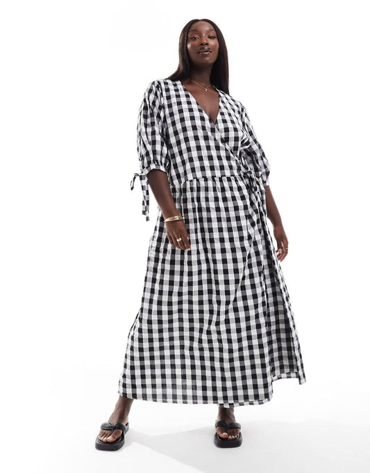 ASOS DESIGN Curve wrap midi smock dress in mono gingham