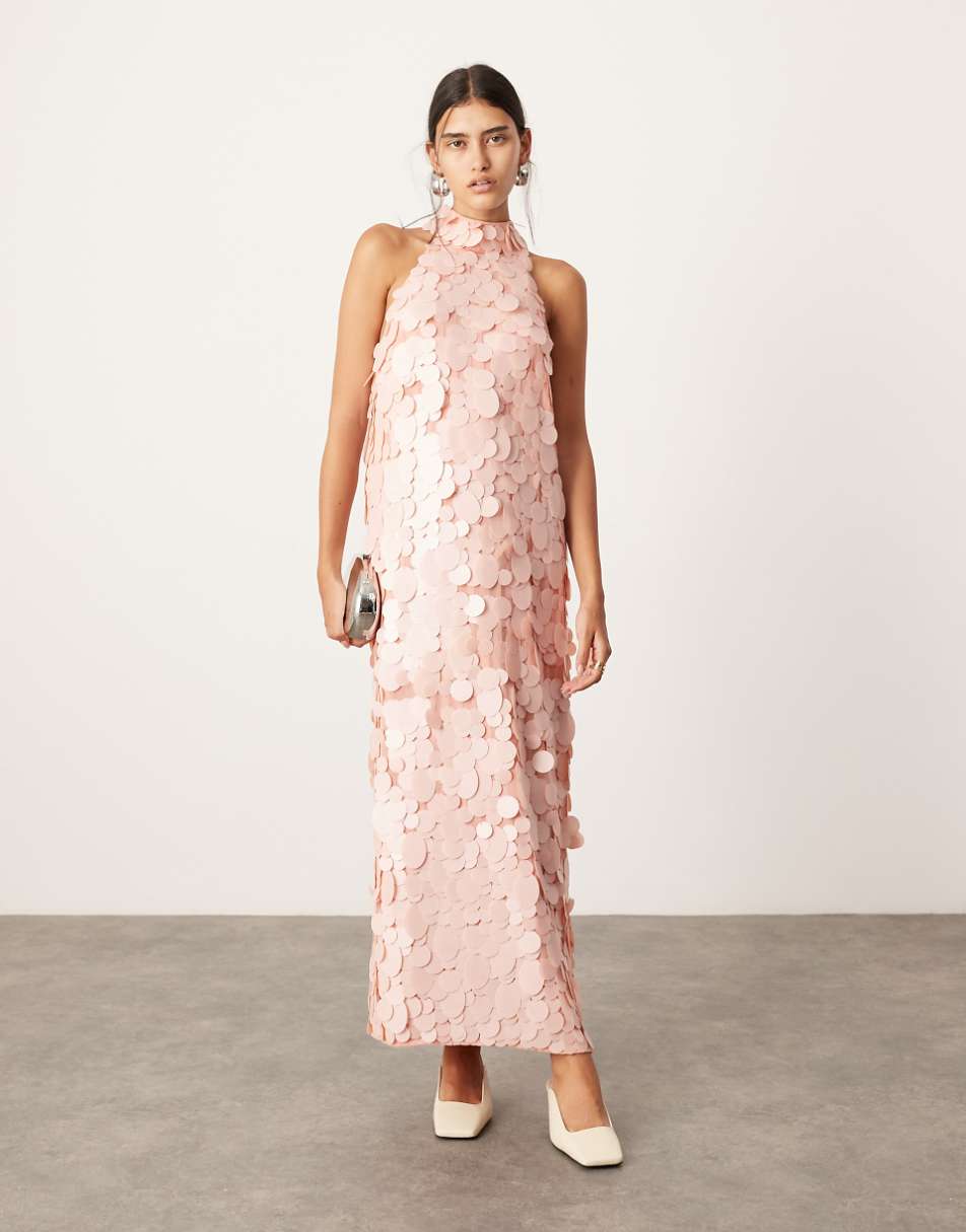 ASOS EDITION embellished matte disc sequin column midi dress in light pink