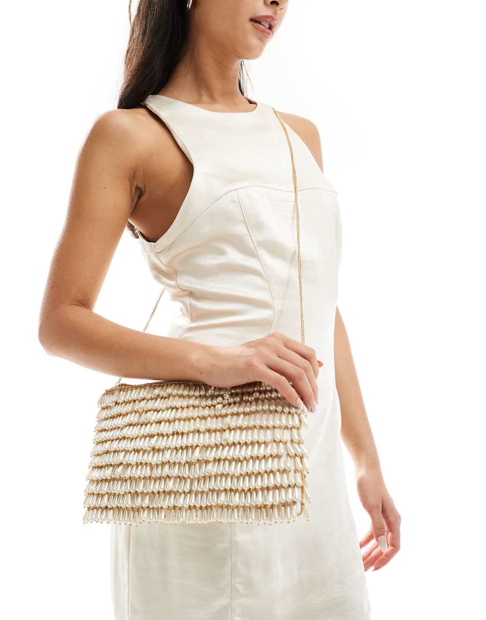 True Decadence embellished pearl crossbody clutch bag in cream