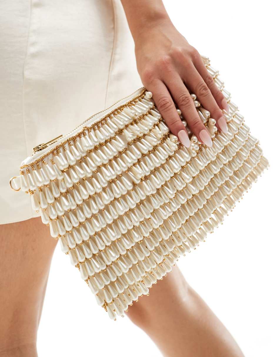 True Decadence embellished pearl crossbody clutch bag in cream