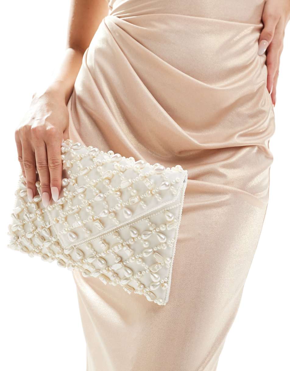 True Decadence embellished satin clutch bag in cream