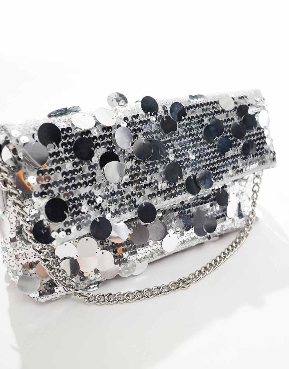 True Decadence sequin clutch bag with crossbody strap in silver