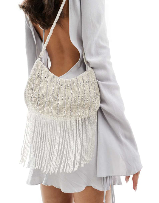 True Decadence embellished tassel crossbody bag in silver