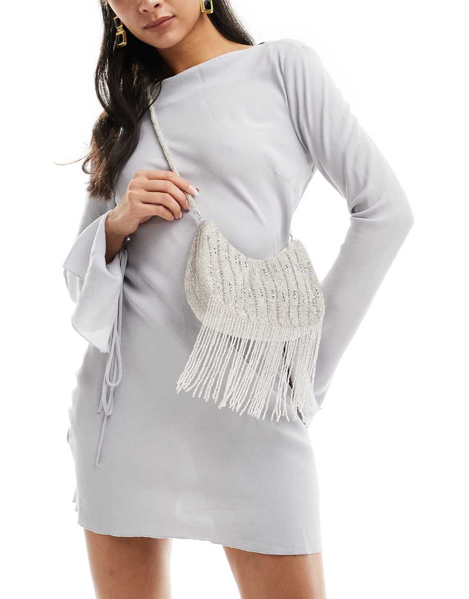 True Decadence embellished tassel crossbody bag in silver