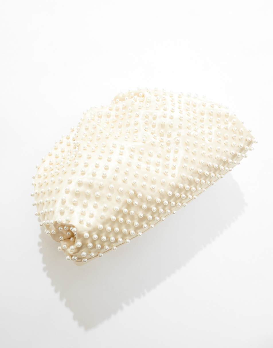 True Decadence all-over pearl detail clutch bag in cream