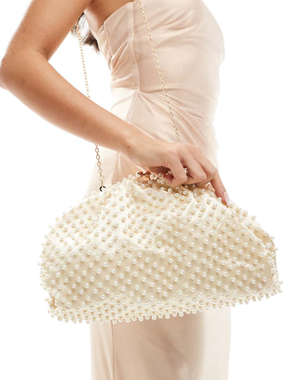 True Decadence all-over pearl detail clutch bag in cream