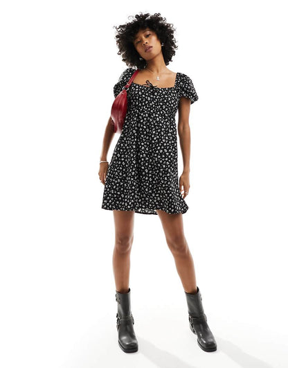 Monki mini dress with puff sleeves and ruched back detail in black