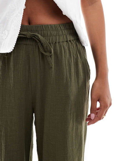 ONLY Petite linen texture wide leg pants in khaki