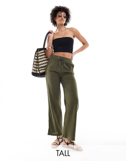 ONLY Tall linen texture wide leg pants in khaki