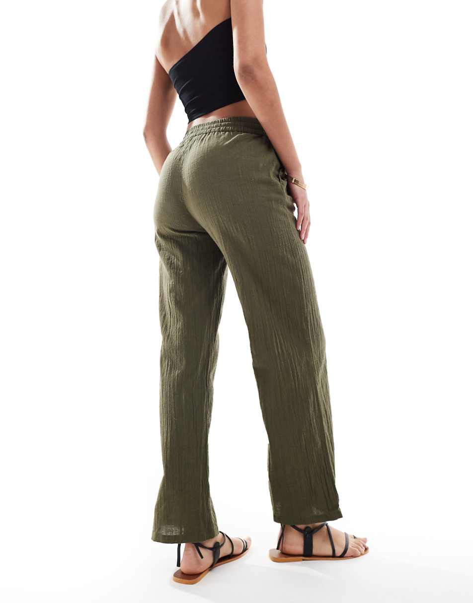 ONLY Tall linen texture wide leg pants in khaki