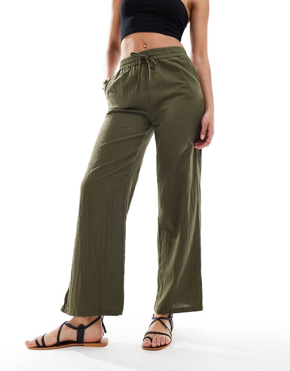 ONLY Tall linen texture wide leg pants in khaki