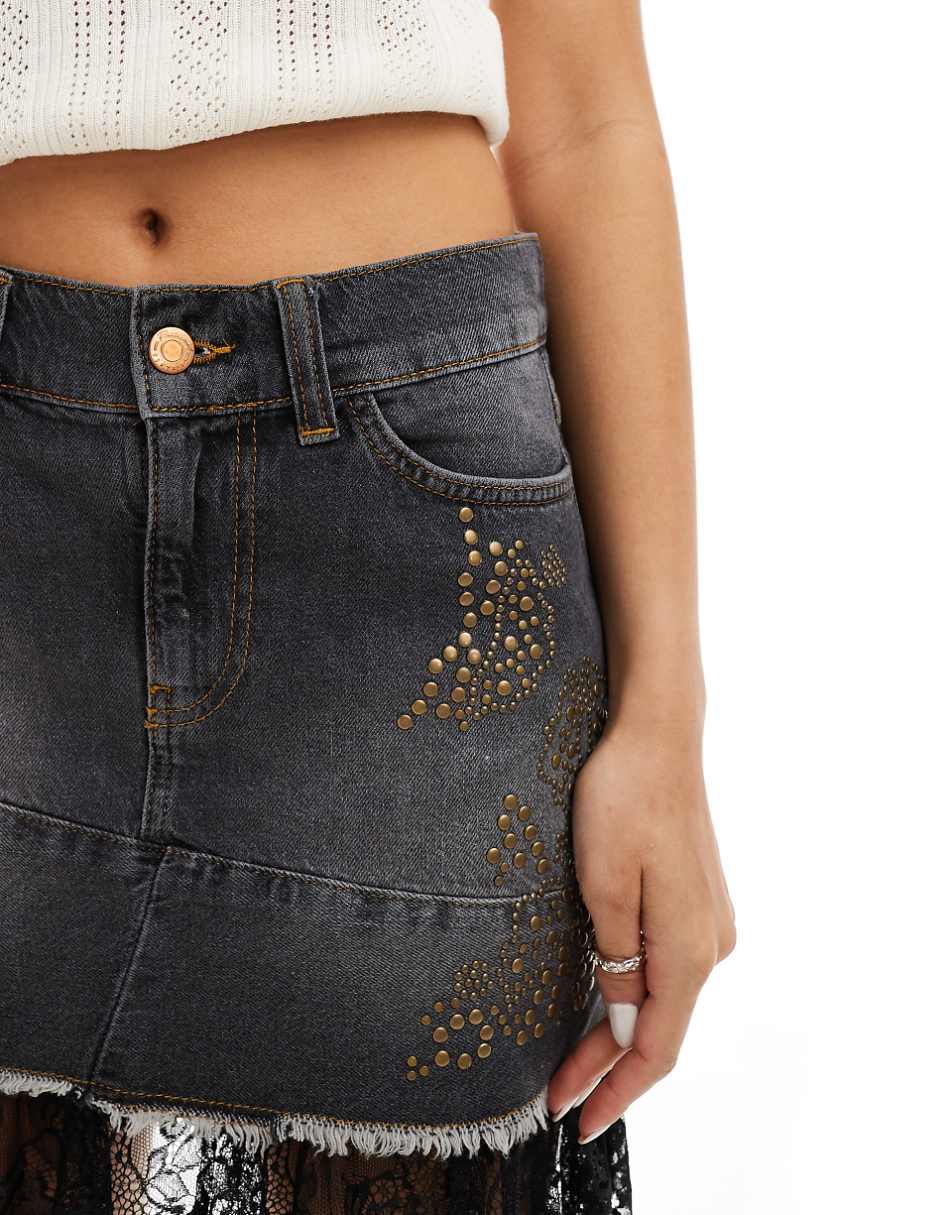 Reclaimed Vintage festival rhinestone mini skirt with lace detail