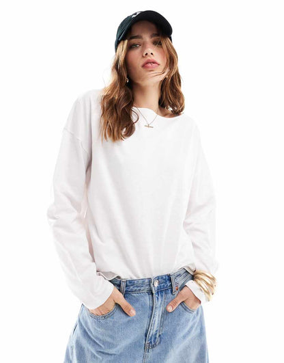 ASOS DESIGN slash neck long sleeve cotton slub T-shirt in white