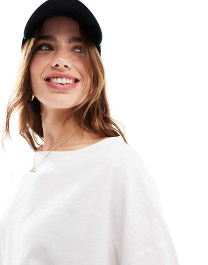 ASOS DESIGN slash neck long sleeve cotton slub T-shirt in white