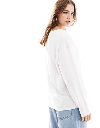 ASOS DESIGN slash neck long sleeve cotton slub T-shirt in white