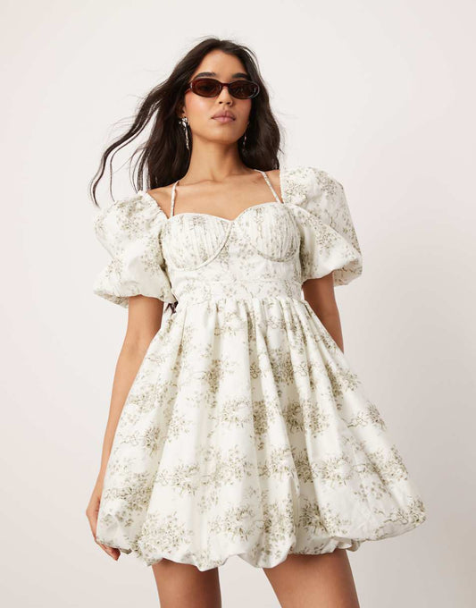 ASOS DESIGN bubble mini dress with pintuck corset bodice in bow floral print