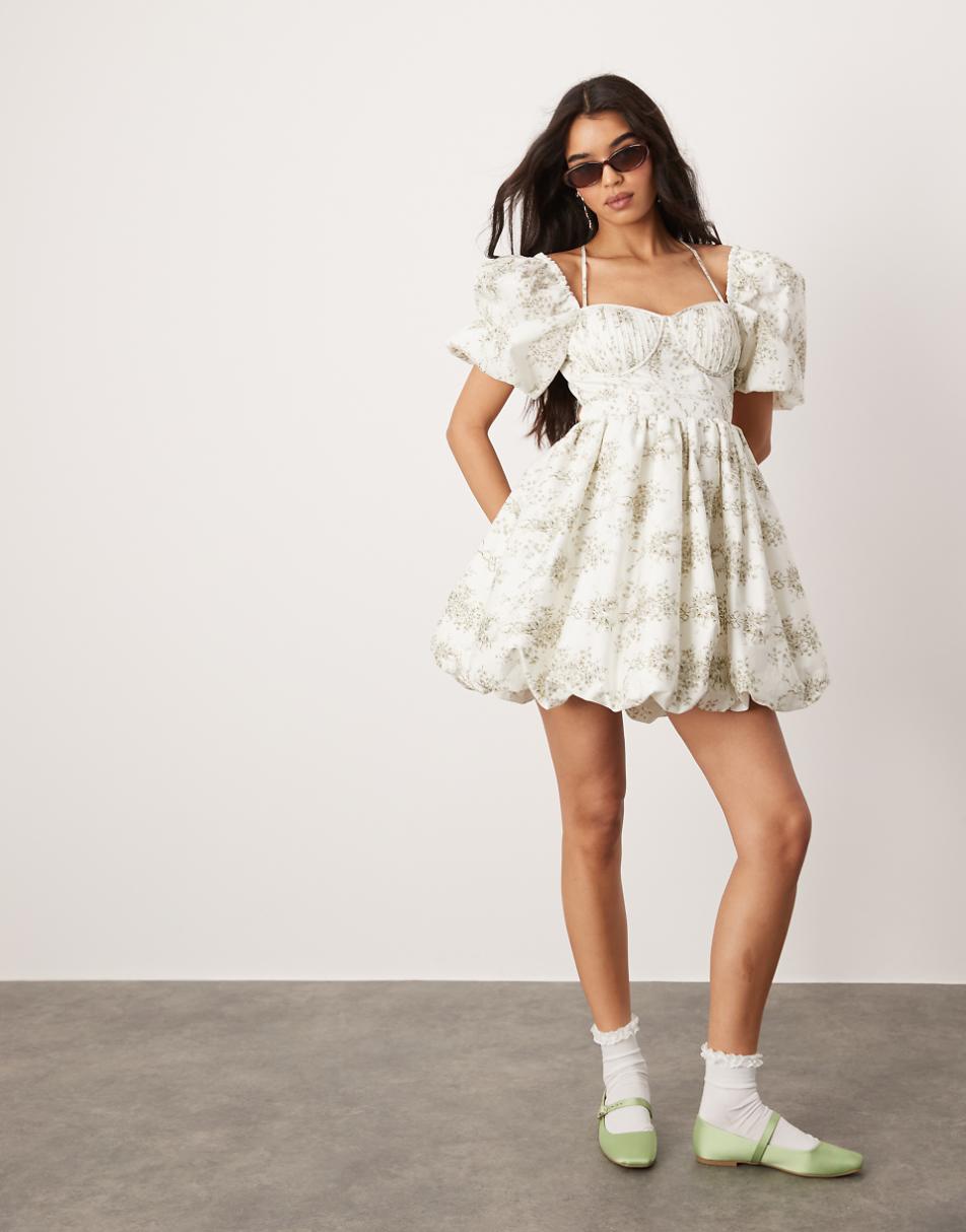 ASOS DESIGN bubble mini dress with pintuck corset bodice in bow floral print