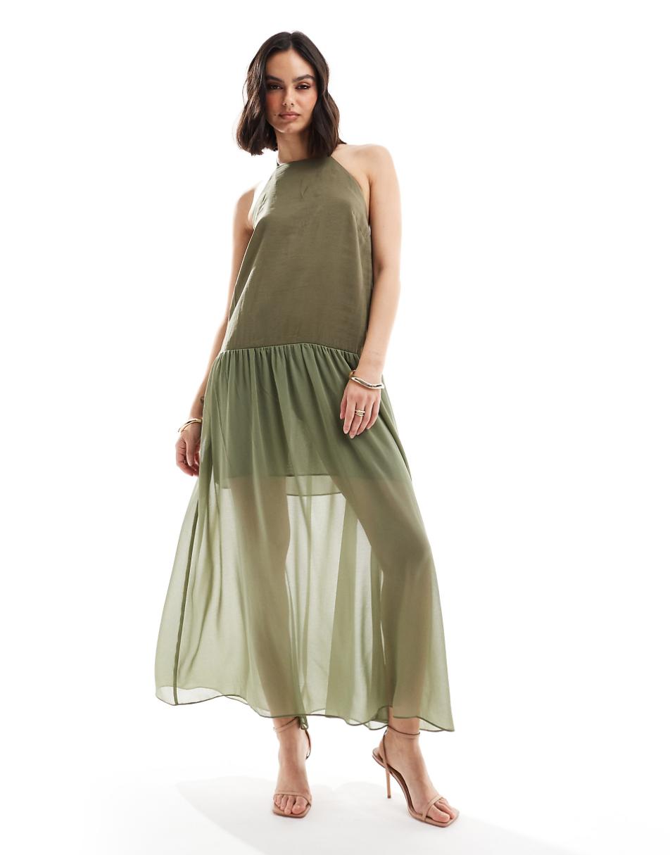 ASOS DESIGN halter trapeze cupro and chiffon maxi dress in khaki