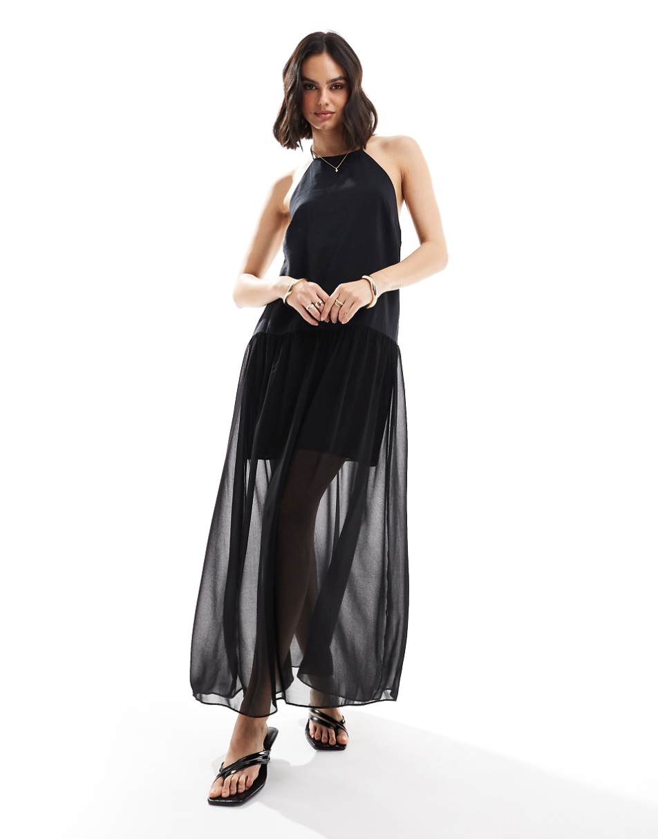 ASOS DESIGN halter trapeze cupro and chiffon maxi dress in black