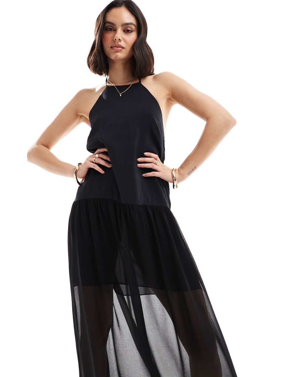 ASOS DESIGN halter trapeze cupro and chiffon maxi dress in black