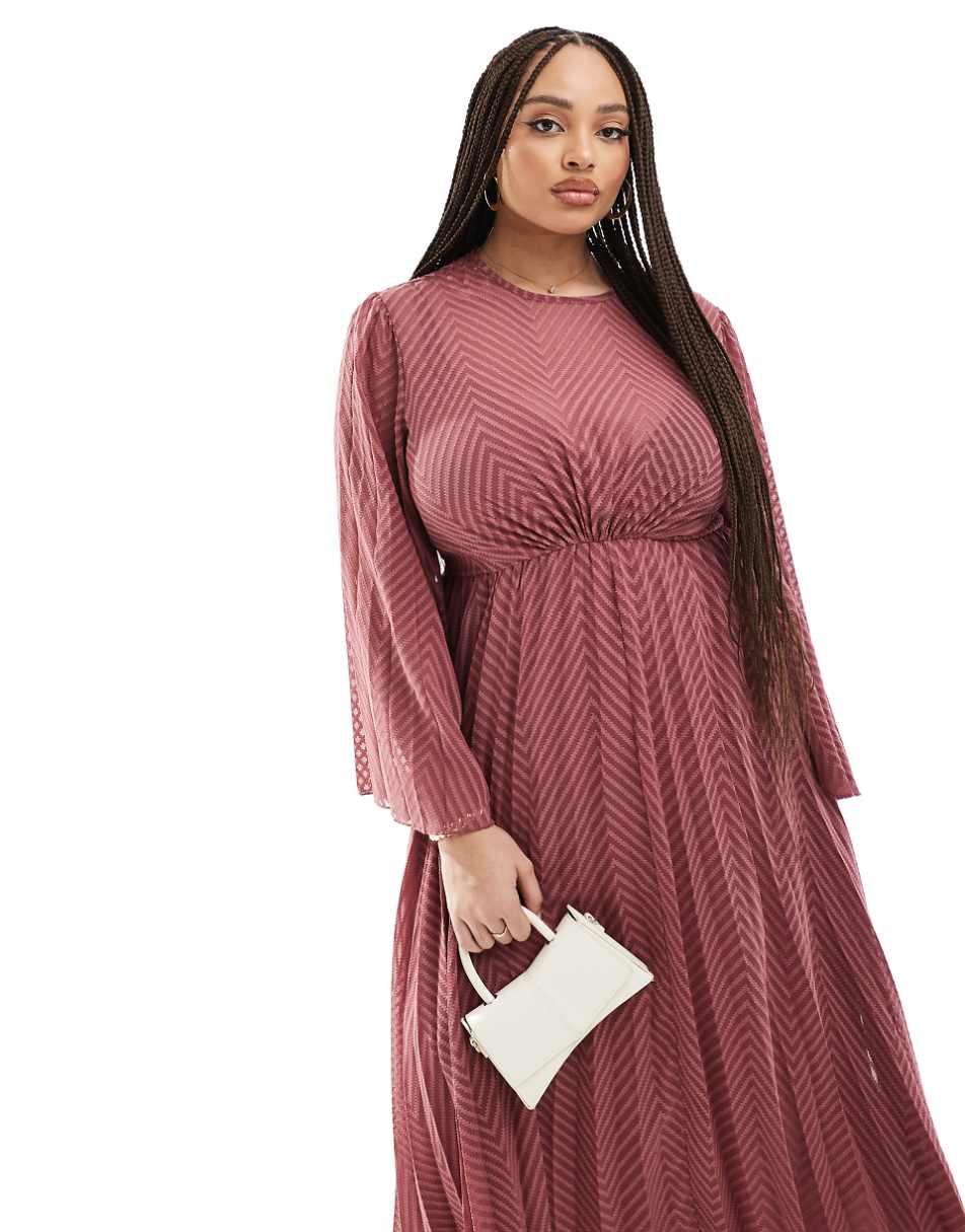 ASOS DESIGN Curve tie back fluted sleeve pleated chevron chiffon midi dress in rose