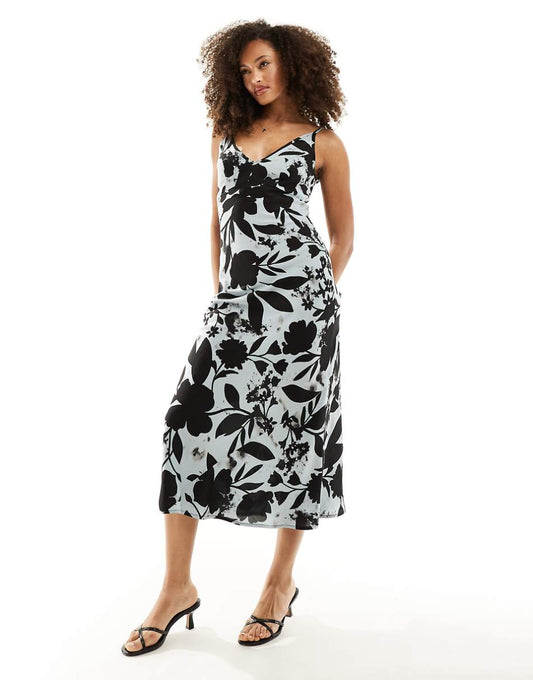 ASOS DESIGN high apex spun midi dress in gray floral print