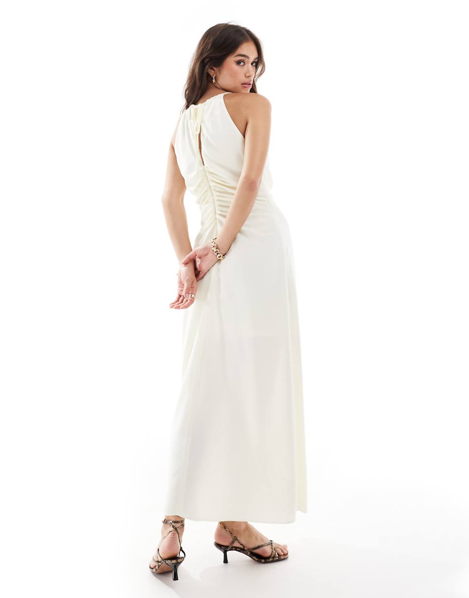 ASOS DESIGN high neck ruched front midi dress in buttermilk